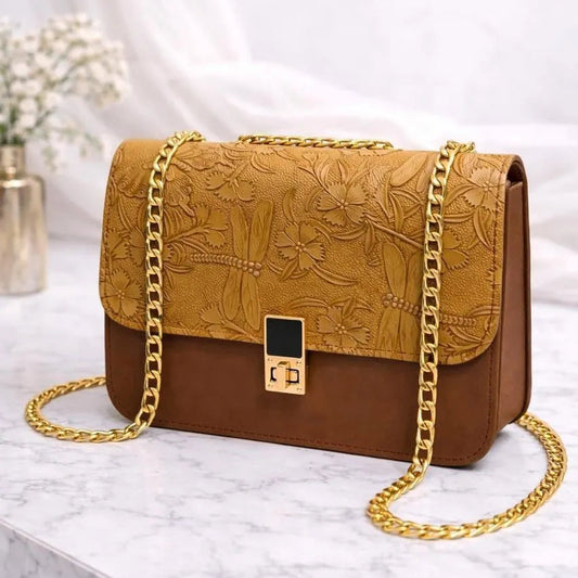 Embossed Floral Shoulder Bag with Gold Chain Strap