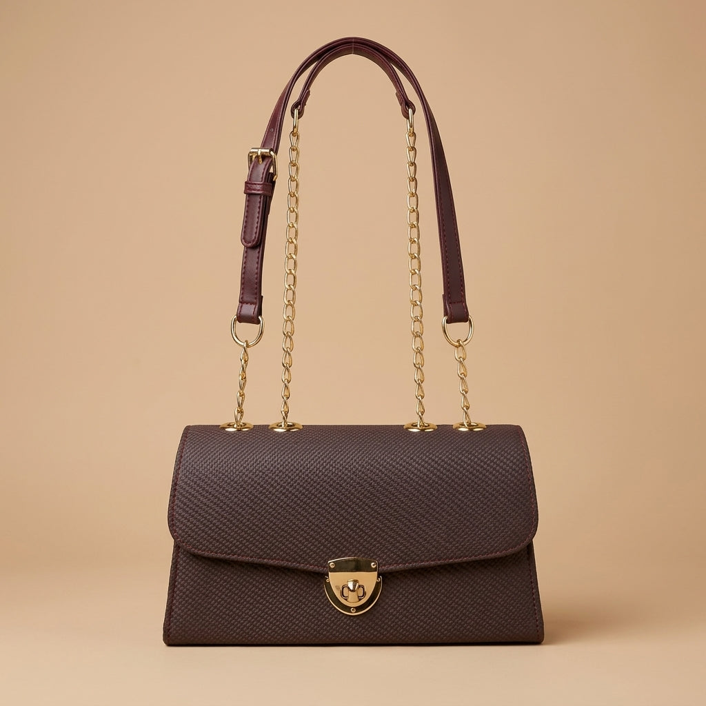 Elegant Chocolate Maroon Basket-Weave Satchel with Gold Lock