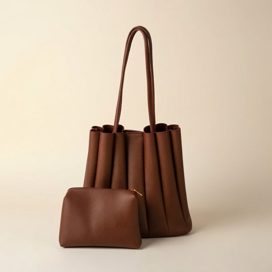 Women Brown Pleated Handbag – Elegant PU Leather Fashion Bag