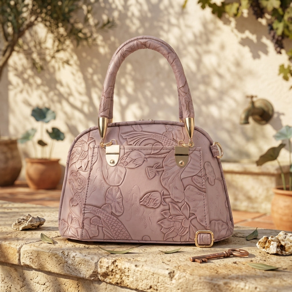 Golden Bloom Embossed Leather Handbag