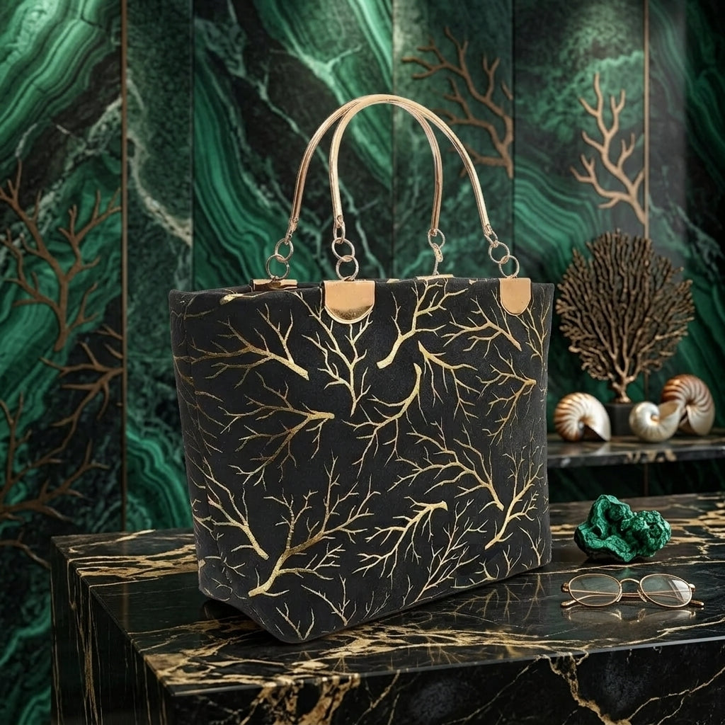 Elegant Velvet Printed Handbag with Top Handle
