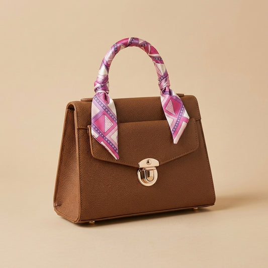 Premium Black Woven Handbag with Polka Dot Scarf Accent