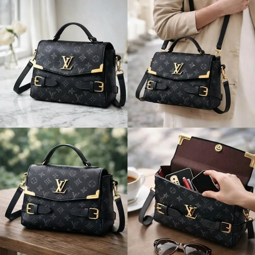 LV Checkered Shoulder Bag Medium Soft Leather Long Strap