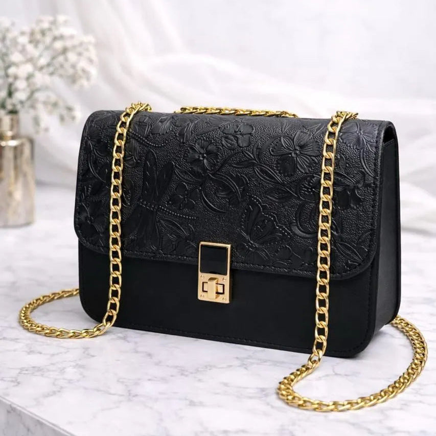 Embossed Floral Shoulder Bag with Gold Chain Strap