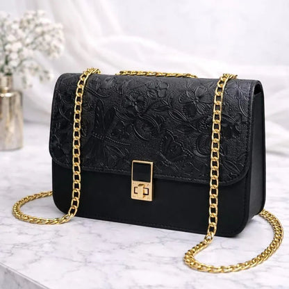 Embossed Floral Shoulder Bag with Gold Chain Strap