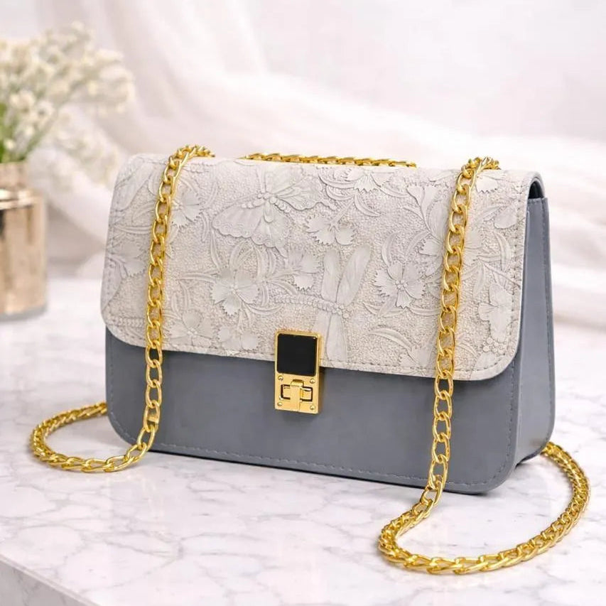 Embossed Floral Shoulder Bag with Gold Chain Strap