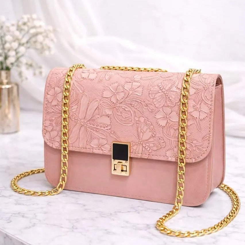 Embossed Floral Shoulder Bag with Gold Chain Strap
