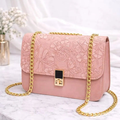 Embossed Floral Shoulder Bag with Gold Chain Strap
