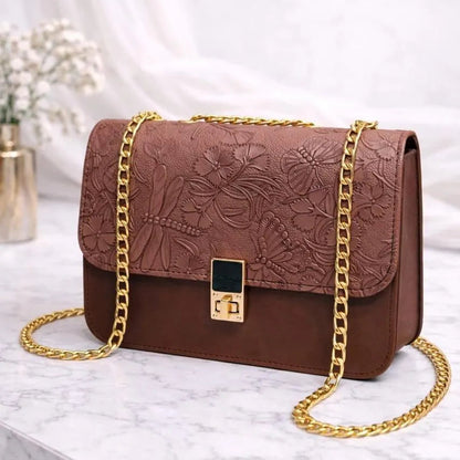 Embossed Floral Shoulder Bag with Gold Chain Strap