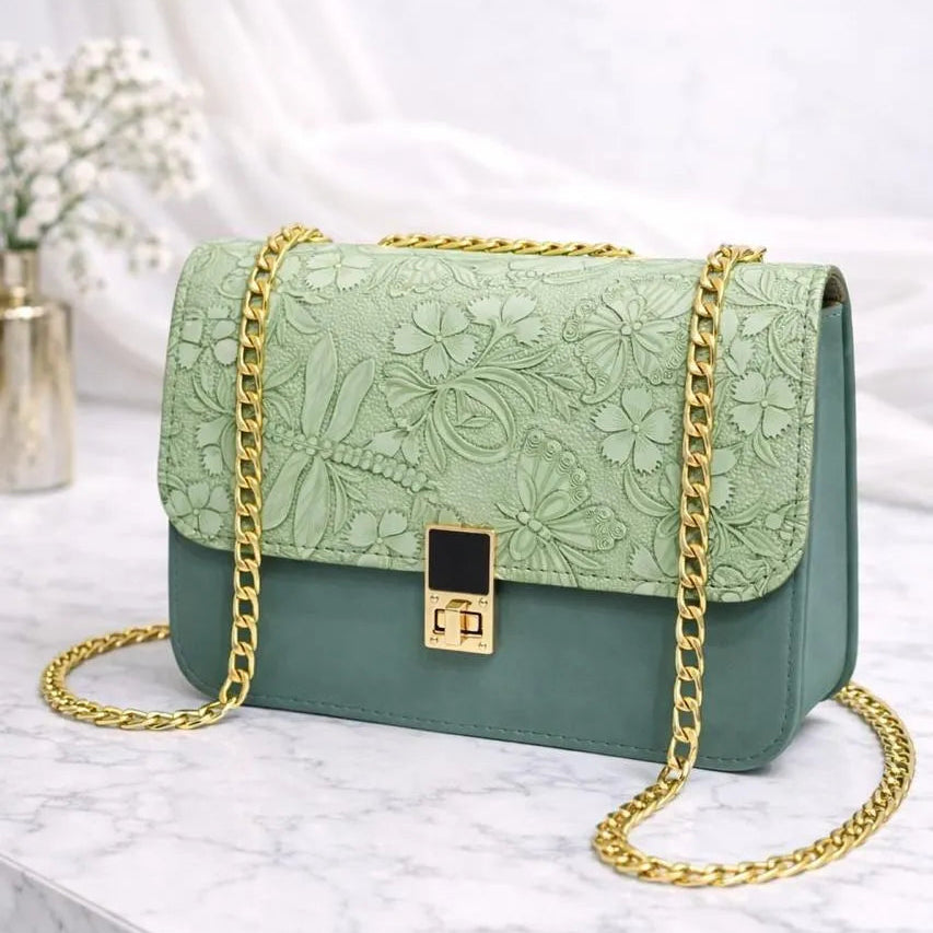 Embossed Floral Shoulder Bag with Gold Chain Strap