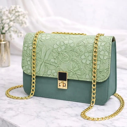 Embossed Floral Shoulder Bag with Gold Chain Strap