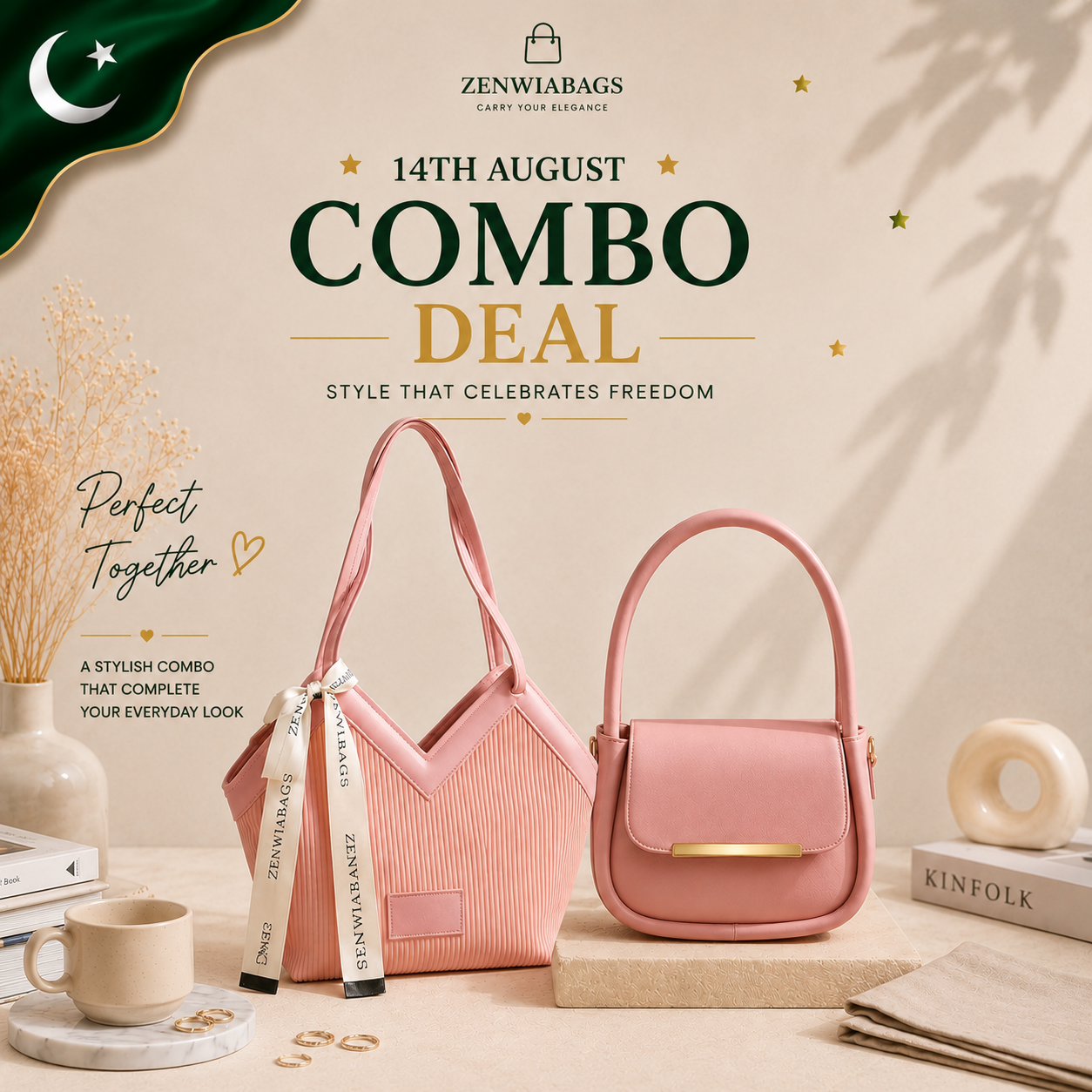 14th August Combo Deal – Premium Pink Ladies Handbag Set | Elegant Tote Bag & Shoulder Bag