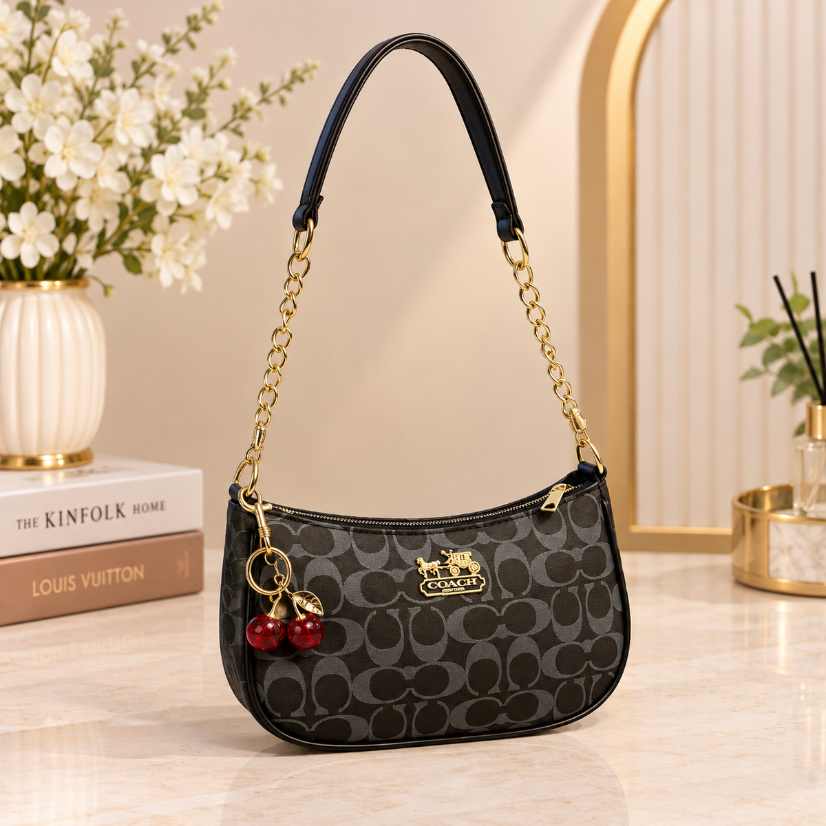 Zenwia Charm Hobo Bag – Chain Strap Shoulder Bag with Cherry Key Chain