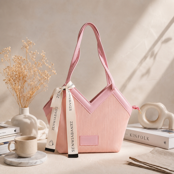 V Cut Ribbed Vegan Leather Tote Bag
