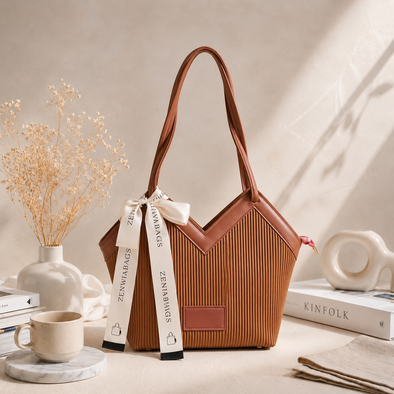 V Cut Ribbed Vegan Leather Tote Bag
