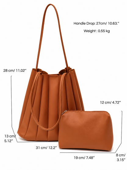 Women Brown Pleated Handbag – Elegant PU Leather Fashion Bag