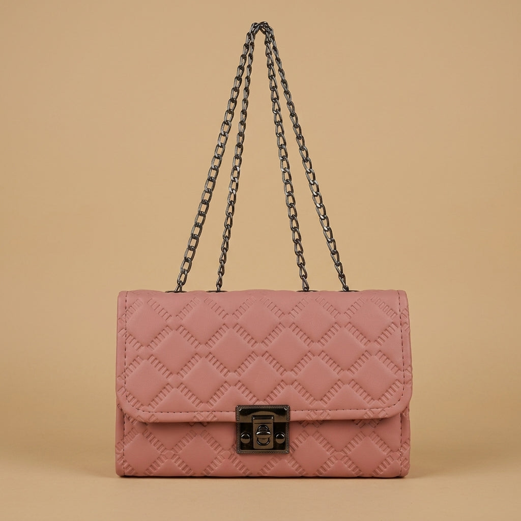 Elegant Pink Quilted Handbag with Metallic Lock Closure