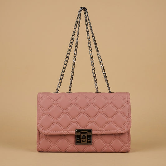 Elegant Pink Quilted Handbag with Metallic Lock Closure
