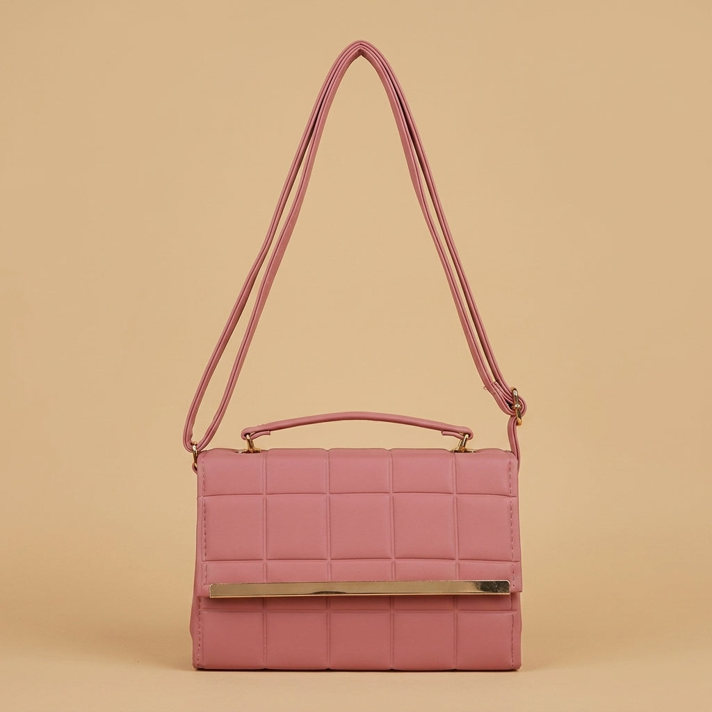 Women's Pink Block-Quilted Crossbody Bag with Gold Trim