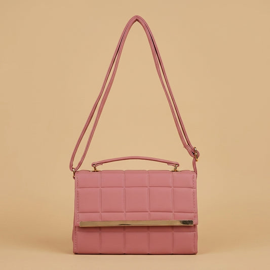 Women's Pink Block-Quilted Crossbody Bag with Gold Trim