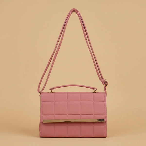Women's Pink Block-Quilted Crossbody Bag with Gold Trim