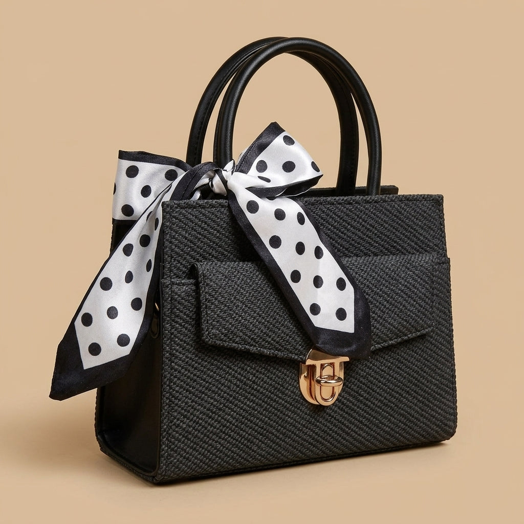 Premium Black Woven Handbag with Polka Dot Scarf Accent