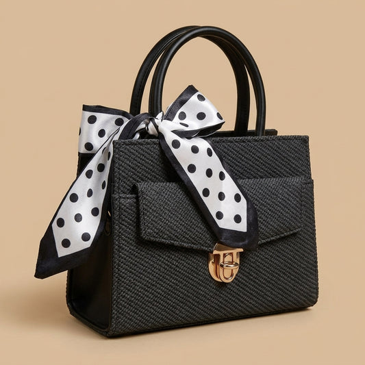 Premium Black Woven Handbag with Polka Dot Scarf Accent