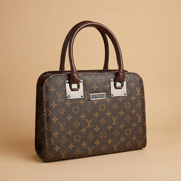 Classic Monogram Print Satchel Bag with Dark Brown Handles