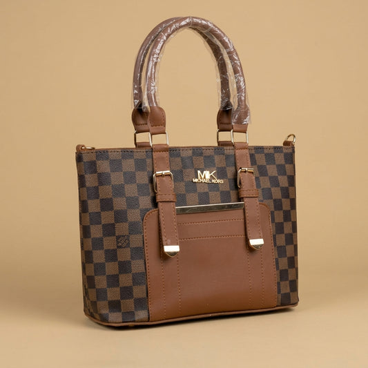 Elegant Brown and Tan Plaid Top-Handle Handbag