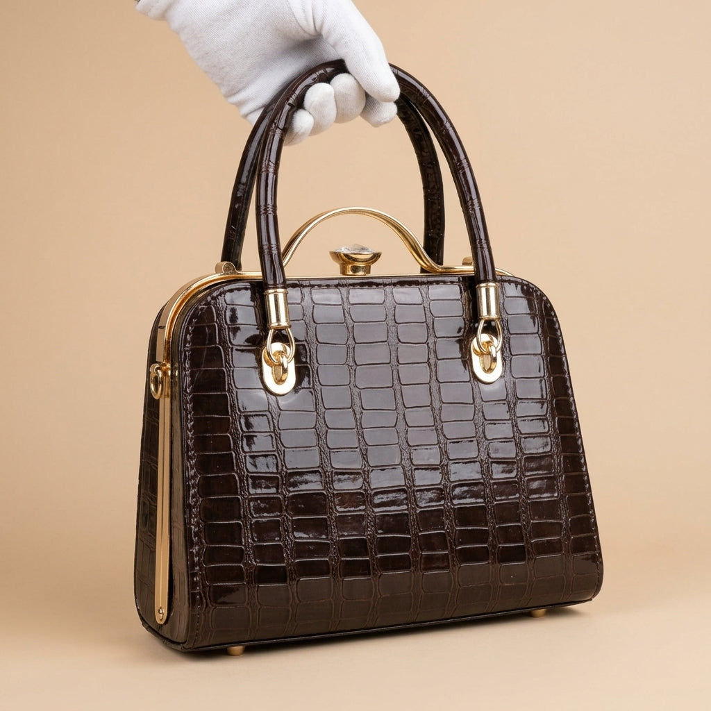 Luxury Glossy Dark Brown Croc-Embossed Vintage Handbag
