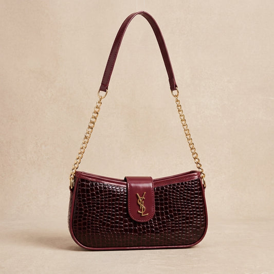 Elegant Maroon Croco-Texture Bag with Gold Chain Strap
