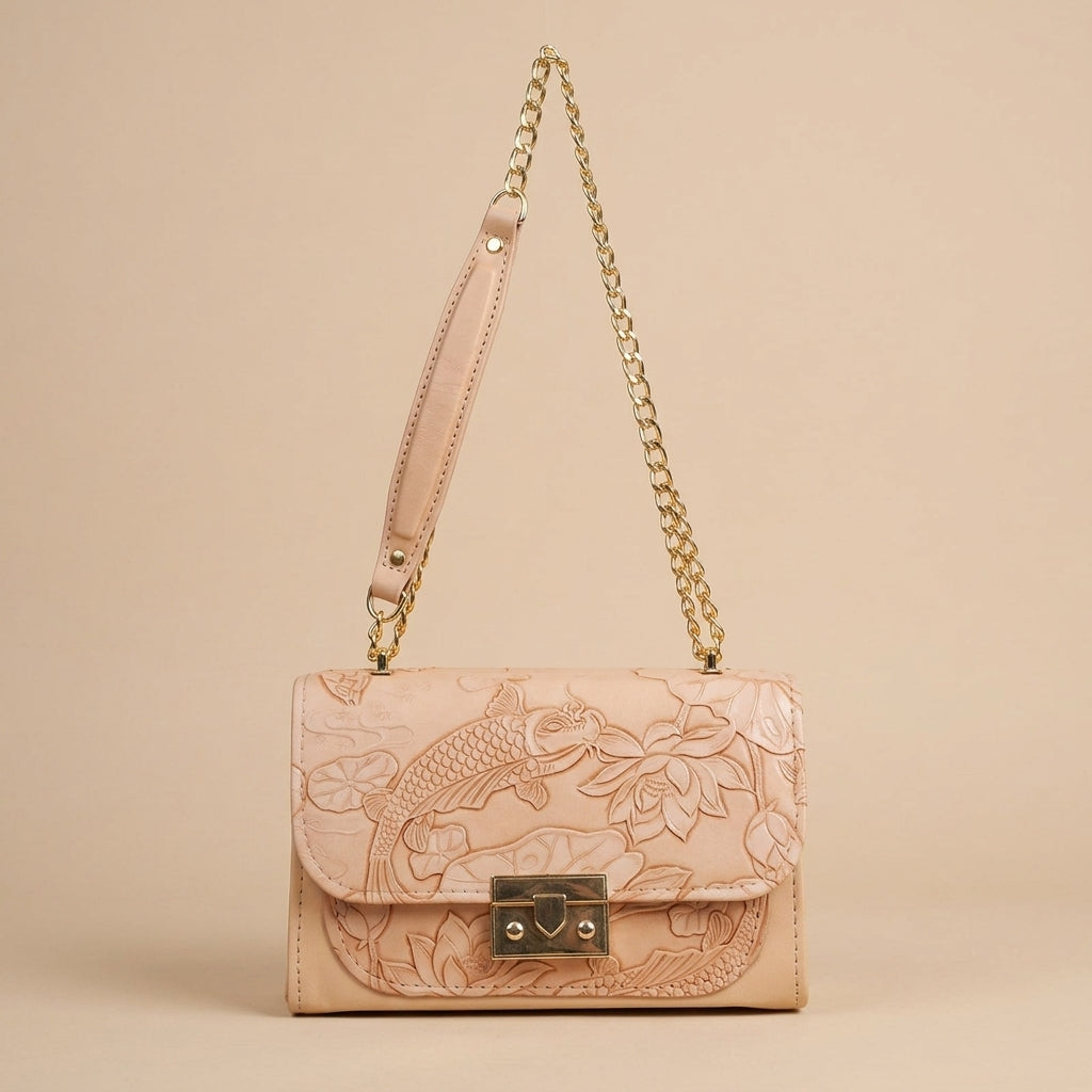 Luxury Peach-Nude Textured Satchel with Lotus & Koi Motif