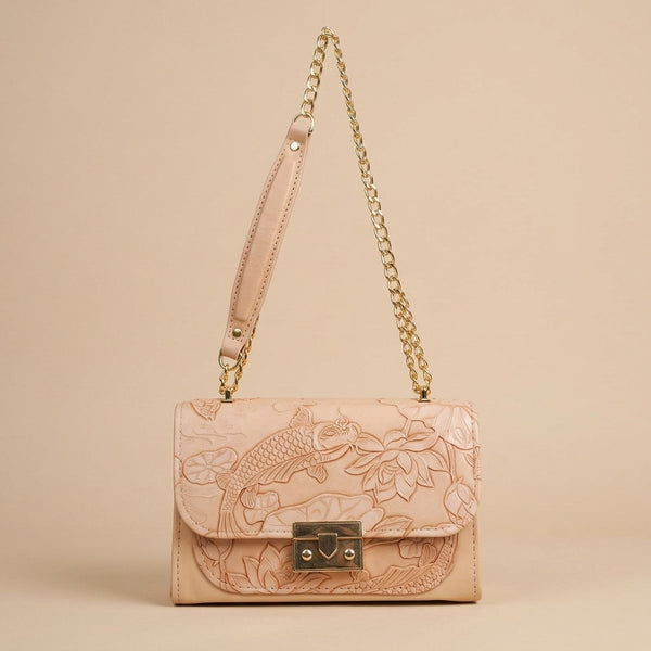 Luxury Peach-Nude Textured Satchel with Lotus & Koi Motif