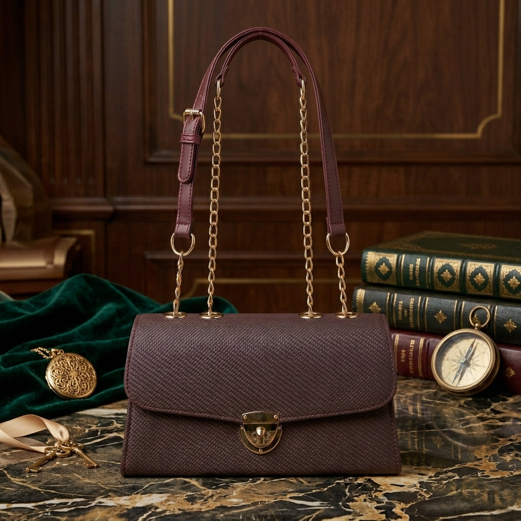 Elegant Chocolate Maroon Basket-Weave Satchel with Gold Lock