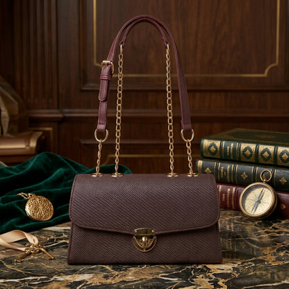 Elegant Chocolate Maroon Basket-Weave Satchel with Gold Lock