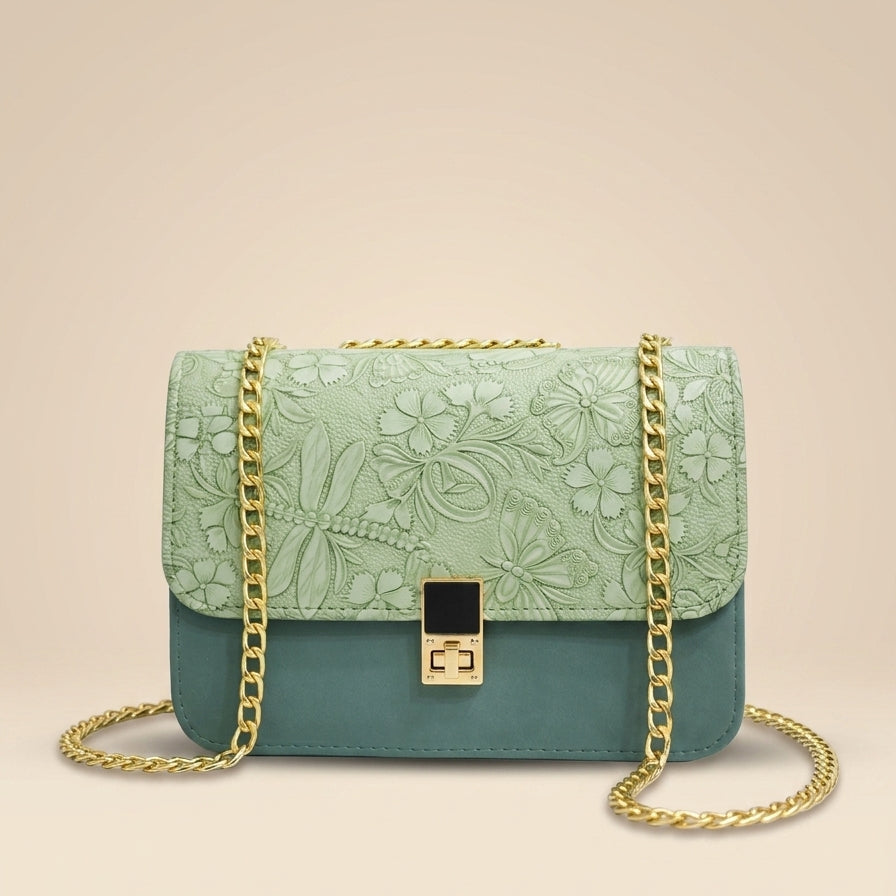 Embossed Floral Shoulder Bag with Gold Chain Strap