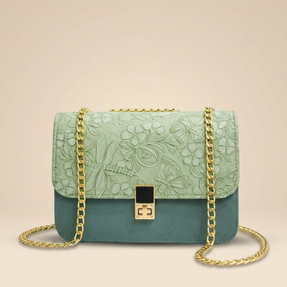 Embossed Floral Shoulder Bag with Gold Chain Strap