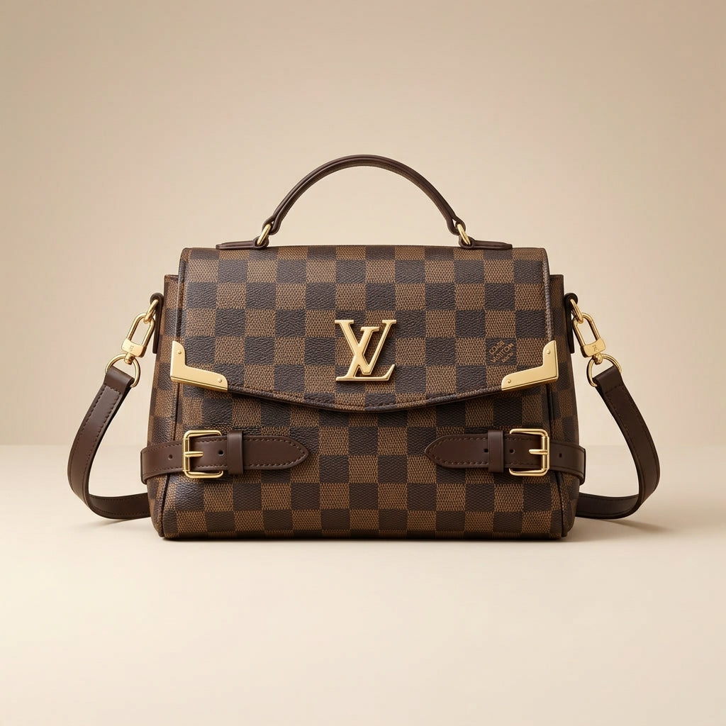 LV Checkered Shoulder Bag Medium Soft Leather Long Strap