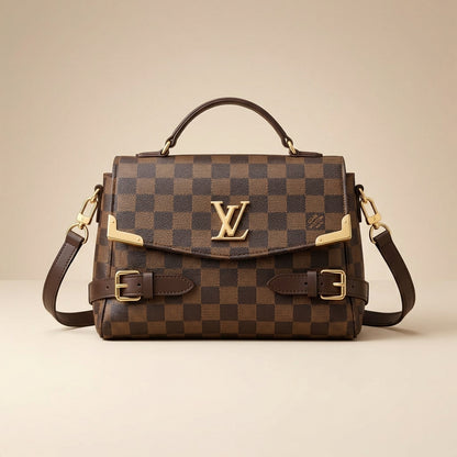 LV Checkered Shoulder Bag Medium Soft Leather Long Strap