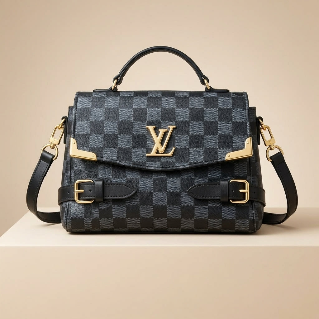 LV Checkered Shoulder Bag Medium Soft Leather Long Strap