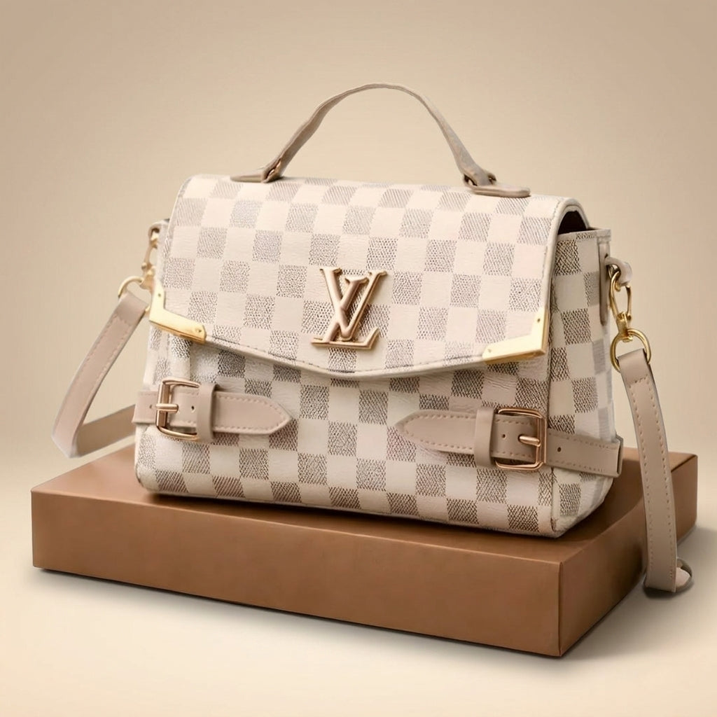 LV Checkered Shoulder Bag Medium Soft Leather Long Strap