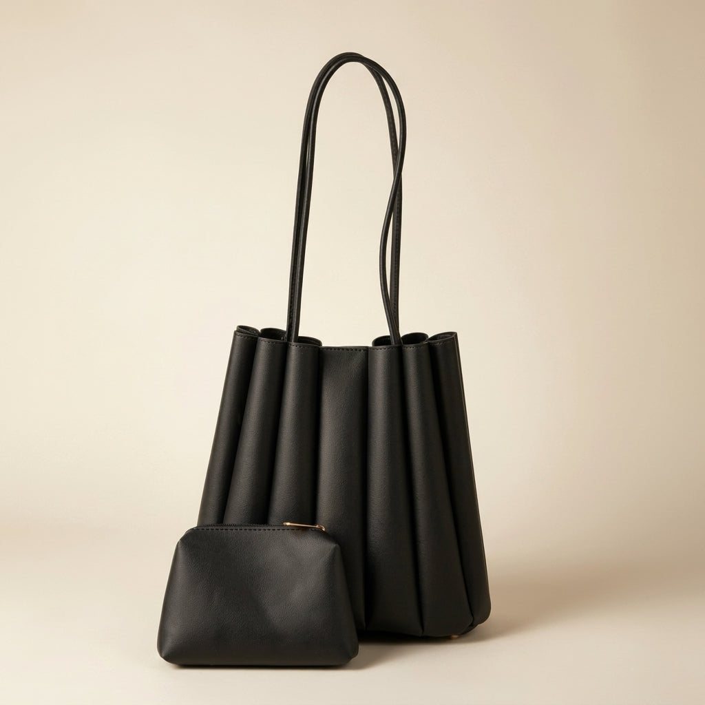 Women Brown Pleated Handbag – Elegant PU Leather Fashion Bag