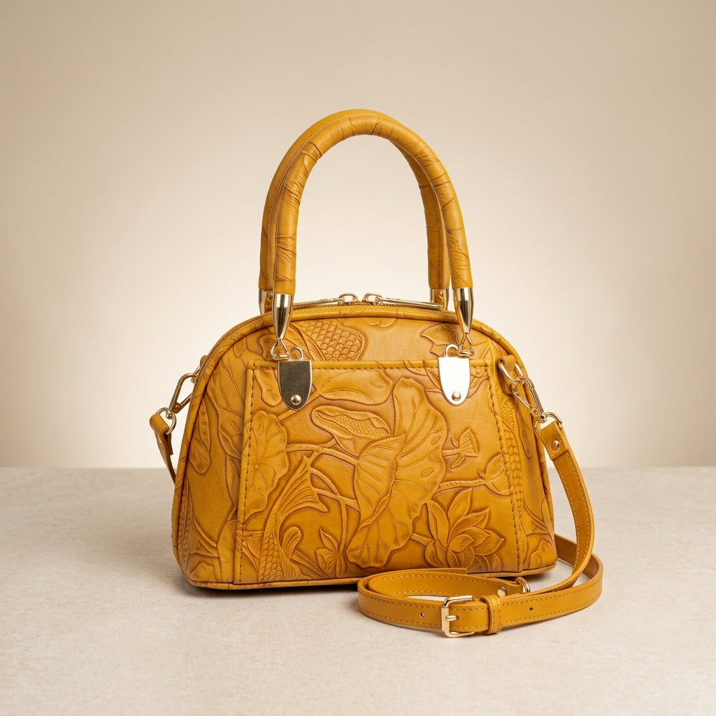 Golden Bloom Embossed Leather Handbag