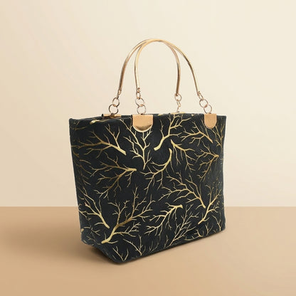 Elegant Velvet Printed Handbag with Top Handle