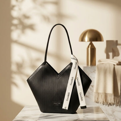 V Cut Ribbed Vegan Leather Tote Bag