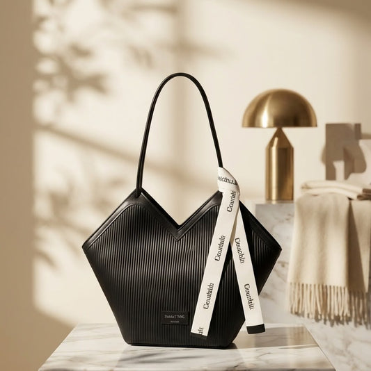 V Cut Ribbed Vegan Leather Tote Bag