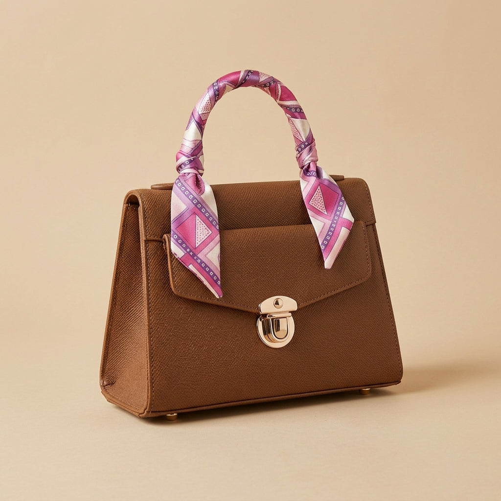 Premium Black Woven Handbag with Polka Dot Scarf Accent