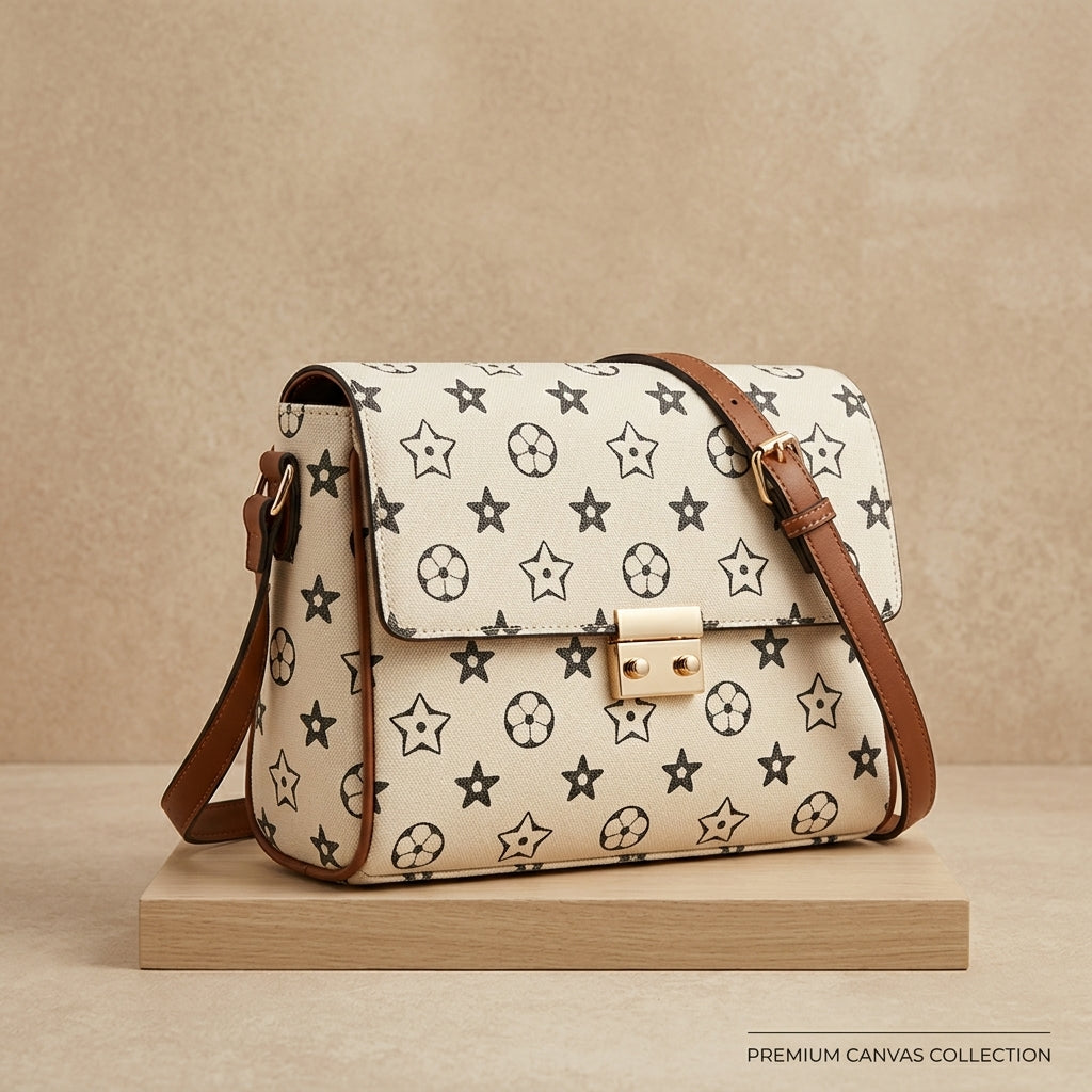 Elegant Off-White Monogram Flap Bag with Gold Ribbed Clasp