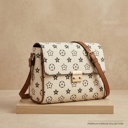 Elegant Off-White Monogram Flap Bag with Gold Ribbed Clasp