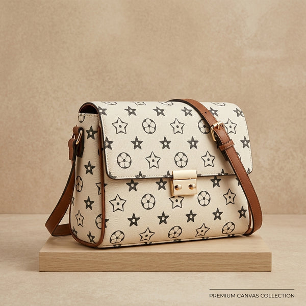 Elegant Off-White Monogram Flap Bag with Gold Ribbed Clasp